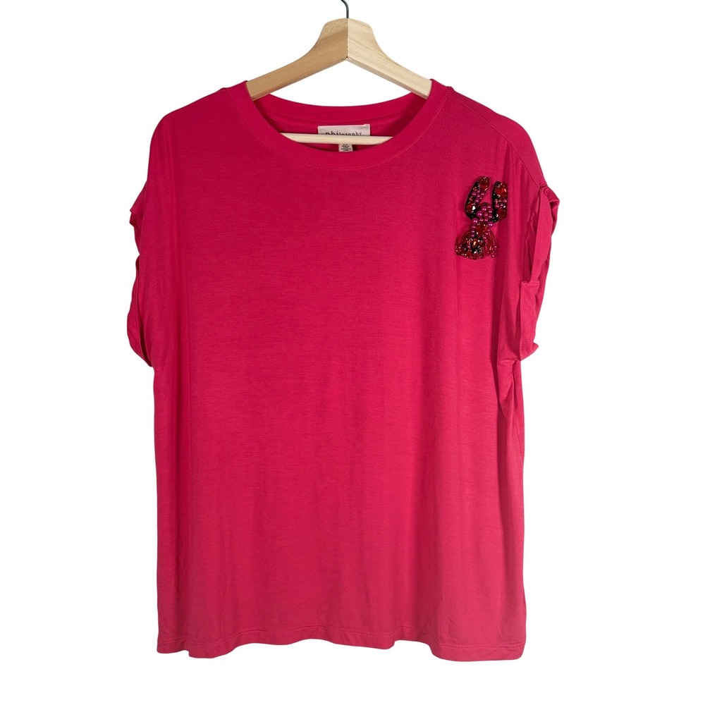 Philosophy Republic Clothing Pink Beaded Lobster Top Short Sleeve Large Vacation